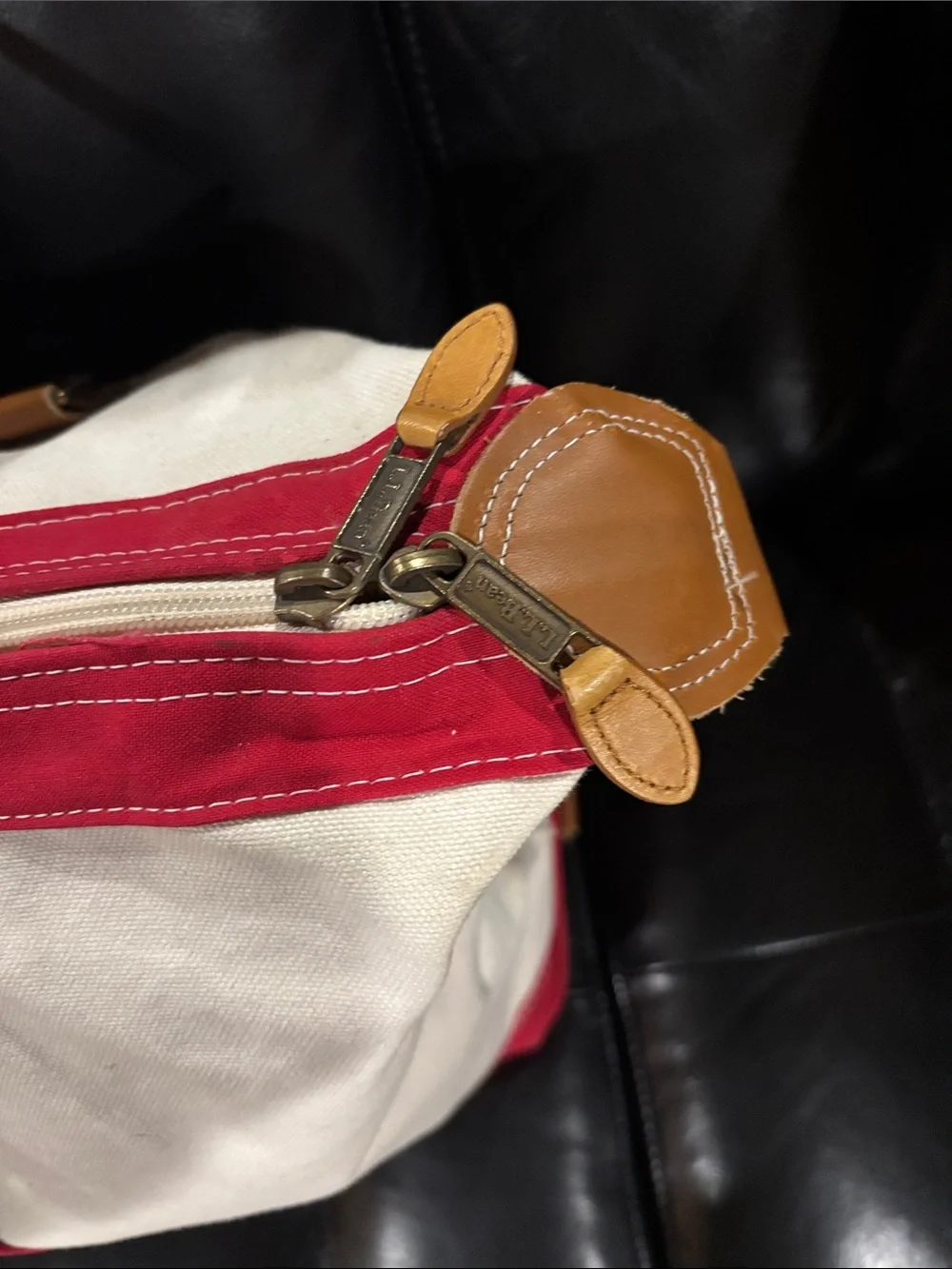 LL Bean Red & Cream Canvas Tote Bag with Leather Handles